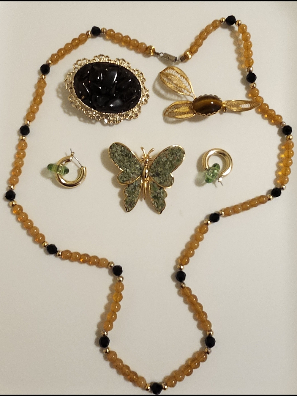 Vintage Jewelry Lot - Green, Orange And Gold Tones